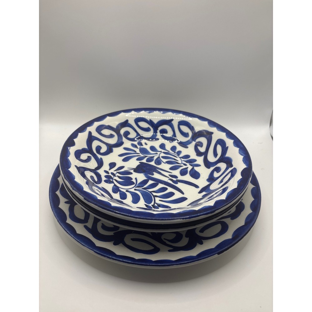 Anfora Mexico Hand Painted Blue White Bird Talavera Pottery 1 Plate & 2 Bowl Set